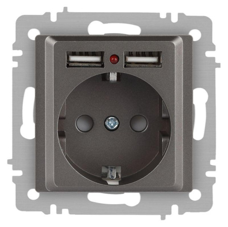Розетка Accent 6-410-09 P+E Schuko со шторками 16А-250В + 2хUSB IP20 СУ титан  Б0063711