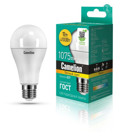 Лампа светодиодная LED13-A60/830/E27 13Вт грушевидная матовая 3000К тепл. бел. E27 1075лм 170-265В  12045