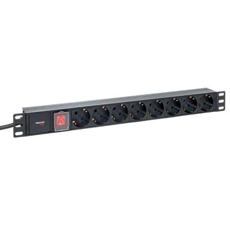 Блок PDU TERACOM PRO 19дюйм 1U 16А/250В 8 роз. Schuko с выключат. шнур 2м 3х1.5кв.мм вилка Schuko корпус пластик черн.  TRP-HPD-LSP-16A-8SH-2MSH