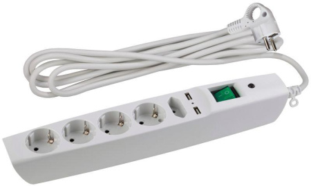 Удлинитель с сетевым фильтром 5х2м с заземл. 10А IP20 U-5es-2m-W 2хUSB ПВС 3х0.75 с выкл. защ. шторки бел.  C0043327