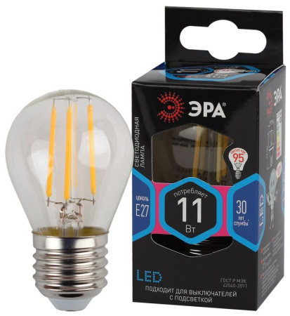 Лампа светодиодная филаментная F-LED P45-11W-840-E27 11Вт P45 шар 4000К нейтр. бел. E27  Б0047015