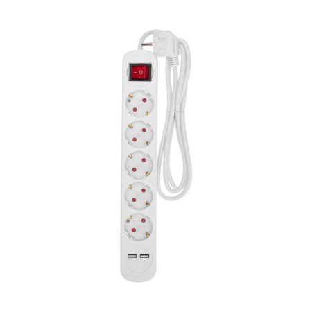 Удлинитель 5х1.5м с заземл. STANDARD 2хUSB 3х1кв.мм с выкл. бел.  13-4034