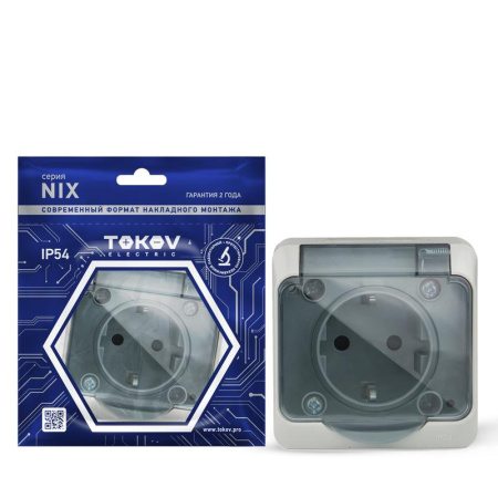Розетка 1-м ОП Nix 16А IP54 250В с заземл. с прозр. крышкой сер.  TKE-NX-R1Z-C06T-IP54