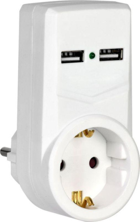 Адаптер 1-м 16А Т-01/01 2P+PE 2хUSB 2.1А бел.  WTP10-16-01-ZKU-K01