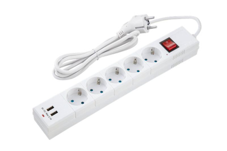 Фильтр сетевой 5х1.5м с/з со шторками ПВС 3 IP075 2USB 2200Вт 10А бел.  32590 1