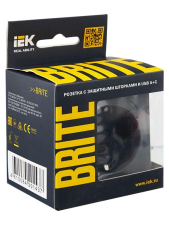 Розетка BRITE РЮш11-1-БрГ 16А с USB A+C 18Вт с заземл. защ. шторки механизм графит  BR-R14-16-U22-018-K53