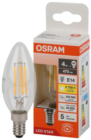 Лампа светодиодная филаментная LS CLB40 4W/827 230VFILCL 4Вт 2700К тепл. бел. E14 470лм B угол пучка 300град. 220-240В (замена 40Вт) прозр. стекло OSRAM 4058075683877