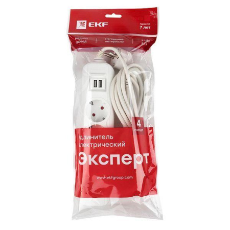 Удлинитель 4х5м 16А IP20 Эксперт 3.5кВт 2хUSB 2.1А ПВС 3х1 PROxima  UBA16-2USB-4-05i