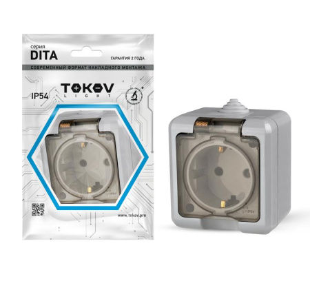 Розетка 1-м ОП Dita 16А IP54 250В с заземл. с прозр. крышкой сер.  TKL-DT-R1Z-C06T-IP54
