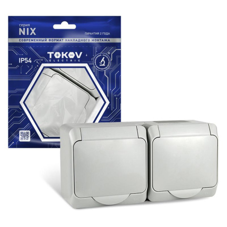 Розетка 2-м ОП Nix 16А IP54 250В с заземл. с крышкой сер.  TKE-NX-R2Z-C06-IP54