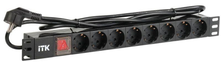 Блок розеток 8 мест PDU (немец. станд.) PH12-8D1-P 19дюймов DIN49440 с LED выкл. ПВХ 1U шнур 2м  PH12-8D1-P