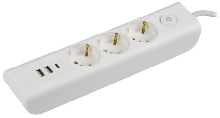 Удлинитель 3х2м с заземл. 16А 250В MODERN У03В с выкл. USBх3 (type-Aх2шт + type-Cх1шт) ПВС 3х1 бел.  WYP12-16-03-02-ZKU-K01