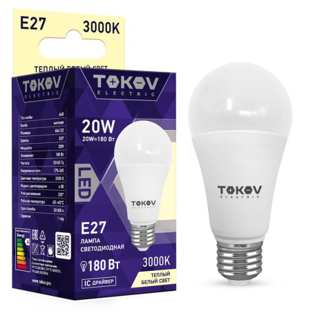 Лампа светодиодная 20Вт А60 3000К Е27 176-264В  TKE-A60-E27-20-3K
