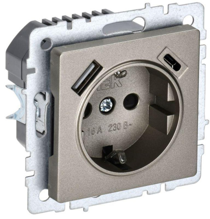 Розетка BRITE РЮш11-1-БрШ 16А с USB A+C 18Вт с заземл. защ. шторки механизм шампань  BR-R14-16-U22-018-K37