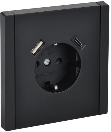Розетка FORTE&PIANO FP147 16А USB A+C 18Вт с заземл. защ. штроки винт. крепл. черн.  FP-R14-16-U22-018-K02