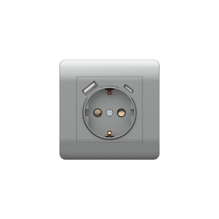 Розетка NEW3-E 16А с заземл. защ. шторки с 2-мя заряд. устройствами USB A+C 5В/2.1А серебр.  431454
