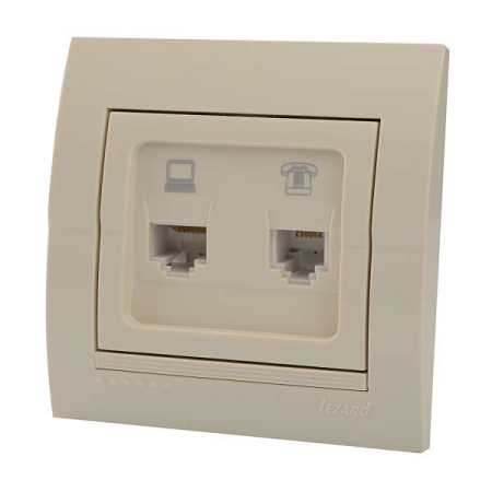 Розетка компьютерная + телефонная 2-м СП Deriy RJ45 + RJ11 IP20 крем.  702-0303-143