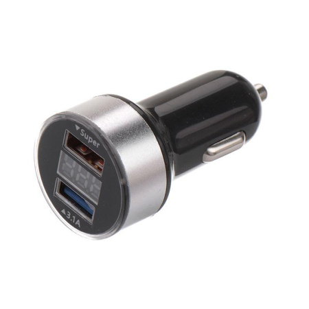 Автозарядка в прикуриватель 2хUSB с дисплеем АЗУ 1000+2100мА серебр.  18-1947