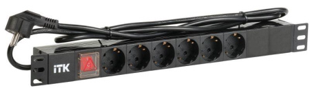 Блок розеток 6-м PDU (немец. станд.) DIN49440 с LED выкл. 1U шнур 2м вилка DIN49441 профиль ПВХ черн.  PH12-6D1-P
