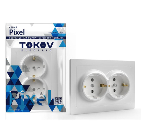 Розетка 2-м СП Pixel 16А IP20 с заземл. защ. шторки в сборе бел.  TKE-PX-R2FZSF-C01
