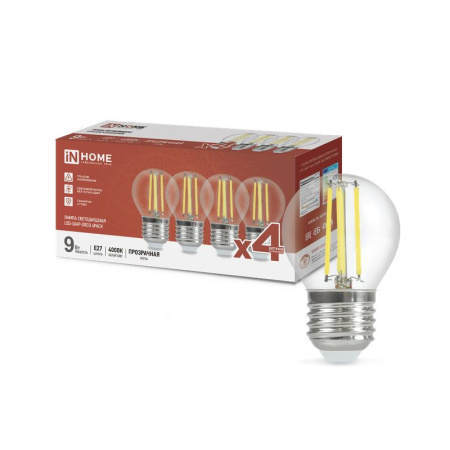 Лампа светодиодная филаментная LED-ШАР-deco 4PACK 9Вт шар прозрачная 4000К нейтр. бел. E27 1040лм 230В (уп.4шт)  4690612052564