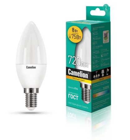 Лампа светодиодная LED8-C35/830/E14 8Вт свеча 3000К тепл. бел. E14 720лм 170-265В  12385