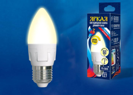 Лампа светодиодная LED-C37 7W/3000K/E27/FR/DIM PLP01WH Яркая 7Вт свеча матовая 3000К тепл. бел. E27 диммир. (упак. картон)  UL-00004297
