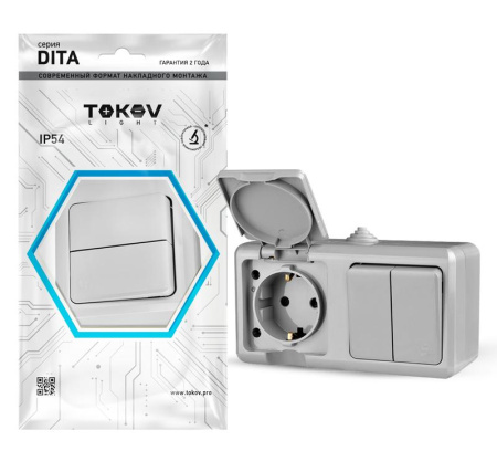 Блок ОП Dita (розетка 16А 250В с заземл. + 2-кл. выкл. 10А) IP54 сер.  TKL-DT-V2RZ-C06-IP54