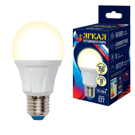 Лампа светодиодная LED-A60 18W/3000K/E27/FR PLP01WH Яркая 18Вт матовая 3000К тепл. бел. E27 (упак. картон)  UL-00005036