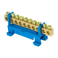 Шина нулевая N 6х9 10 отверстий синий изолятор тип "Стойка" на DIN-рейку латунь PROxima  sn0-63-10-sb