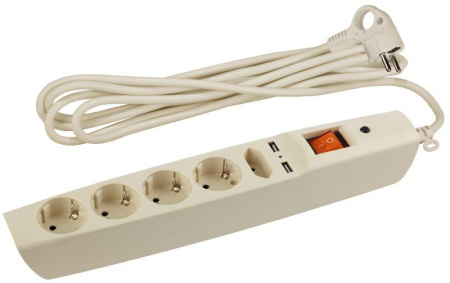 Удлинитель с сетевым фильтром 5х2м с заземл. 10А IP20 U-5es-2m-I 2хUSB ПВС 3х0.75 с выкл. защ. шторки сл. кость  C0043328