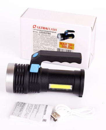 Фонарь аккумуляторный LED53765 2LED 3Вт 4 режима USB аккум. 4В черн. (бокс)  14665