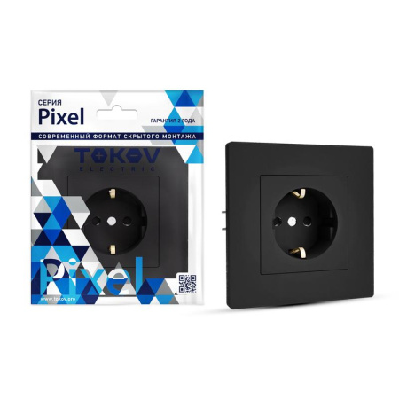 Розетка 1-м СП Pixel 16А IP20 с заземл. защ. шторки в сборе карбон  TKE-PX-R1FZSF-C14