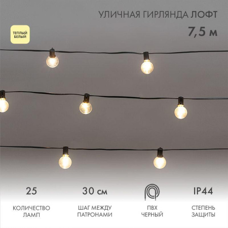 Гирлянда "Лофт" 7.5м 25 прозр. ламп тепл. бел. 2.5Вт IP44 уличная влагостойкая провод ПВХ черн  331-358