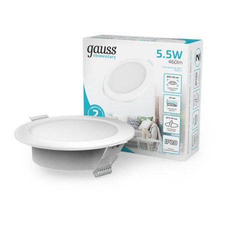 Светильник светодиодный Elementary Downlight 5.5Вт 4000К 460лм 170-260В IP20 95х26 круг монтаж бел.  997420205