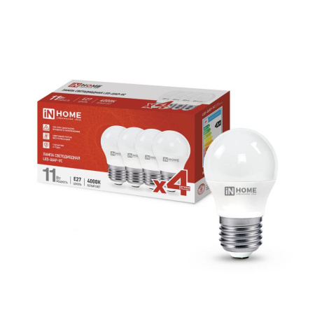 Лампа светодиодная LED-ШАР-VC 4PACK 11Вт 230В E27 4000К 1050лм (уп.4шт)  4690612047881