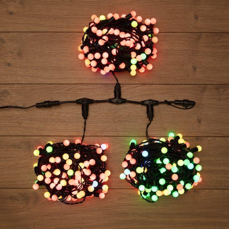 Гирлянда светодиодная "LED ClipLight-Мультишарики" 3 нити х20м 399LED RGB 25Вт 24В IP65 свечение с динамикой трансф. в компл. провод ПВХ темн. зел.  323-619