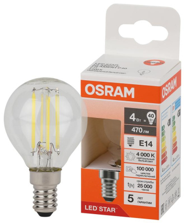 Лампа светодиодная филаментная LS CLP40 4W/840 230VFILCL 4Вт 4000К нейтр. бел. E14 470лм P угол пучка 300град. 220-240В (замена 40Вт) прозр. стекло OSRAM 4058075684362
