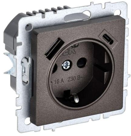 Розетка BRITE РЮш11-1-БрТБ 16А с USB A+C 18Вт с заземл. защ. шторки темн. механизм бронза  BR-R14-16-U22-018-K45