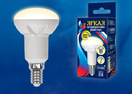Лампа светодиодная LED-R50 7W/3000K/E14/FR/DIM PLP01WH Яркая 7Вт матовая 3000К тепл. бел. E14 диммир. (упак. картон)  UL-00004710
