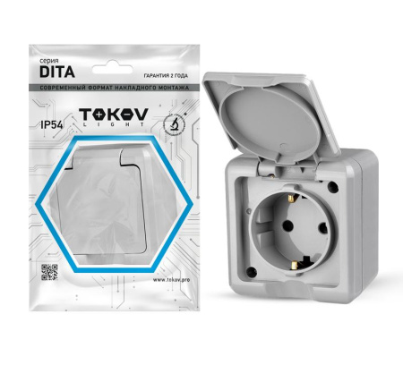 Розетка 1-м ОП Dita 16А IP54 250В с заземл. с крышкой сер.  TKL-DT-R1Z-C06-IP54