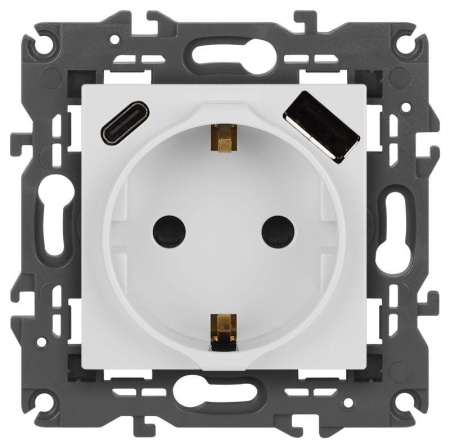 Розетка ЭРА Elegance 14-4108-01 2P+E 16A-250В со шторками с USB type-A+C 5В-3А белый  Б0067736