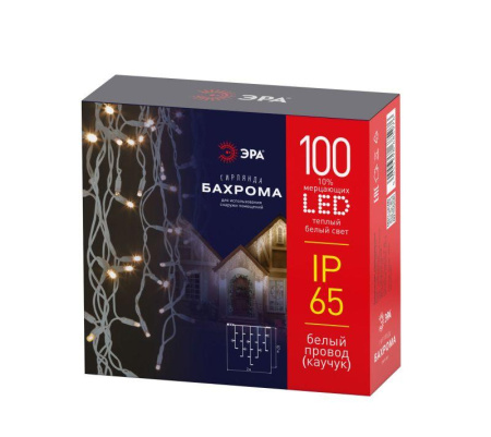 Гирлянда светодиодная "Бахрома" 0.7х2м 100LED тепл. бел. новогодняя провод бел. каучук (без шнура питания)  Б0056012