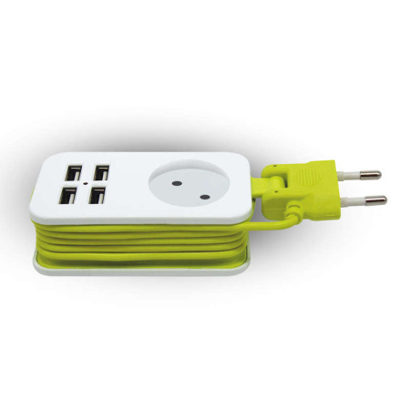 Удлинитель 1х1.5м без заземл. Travel S-CT1-1.5U White-Green 4хUSB 2.1А бел./салатов.  UL-00003331