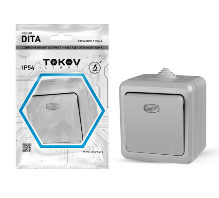 Выключатель 1-кл. ОП Dita IP54 10А 250В с индикацией сер.  TKL-DT-V1I-C06-IP54