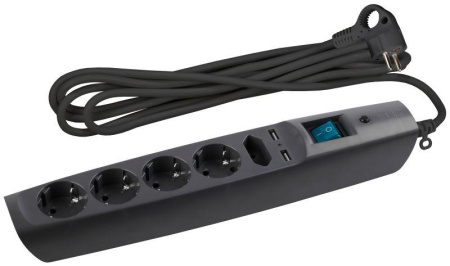 Удлинитель с сетевым фильтром 5х2м с заземл. 10А IP20 U-5es-2m-B 2хUSB ПВС 3х0.75 с выкл. защ. шторки черн.  C0043326