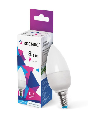 Лампа светодиодная 8.5Вт свеча 6500К холод. бел. E14 220В  LkecLED8.5wCNE1465