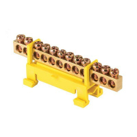 Шина нулевая PE 6х9 12 отвер. латунь желт. изолятор тип "Стойка" на DIN-рейку PROxima  sn0-63-12-sy