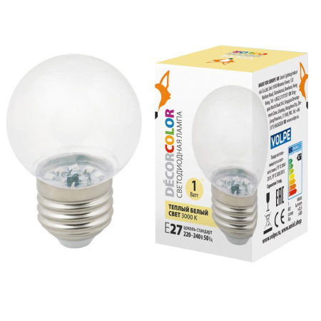 Лампа светодиодная декоративная LED-G45-1W/3000K/E27/CL/С "шар" прозр. теплый бел. свет (3000К) картон  UL-00005807