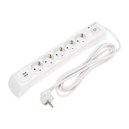 Удлинитель с сетевым фильтром 5х3м с автовыкл. 2 USB КГ 3х1.5кв.мм бел.  13-4700